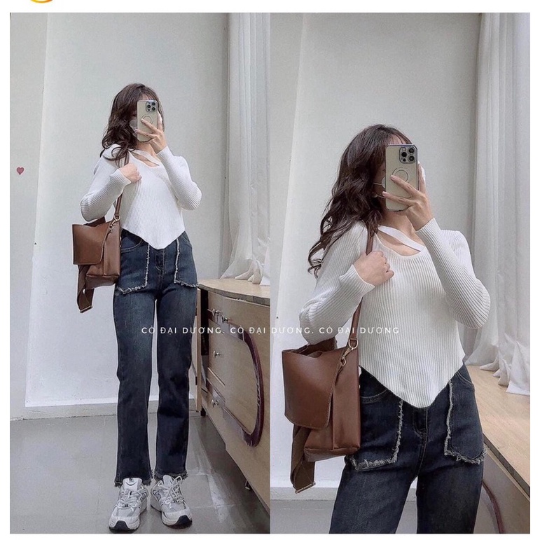 Áo len tay dài dáng ôm tà nhọn thiết kế độc đáo sang trọng (Ảnh thật/Video)