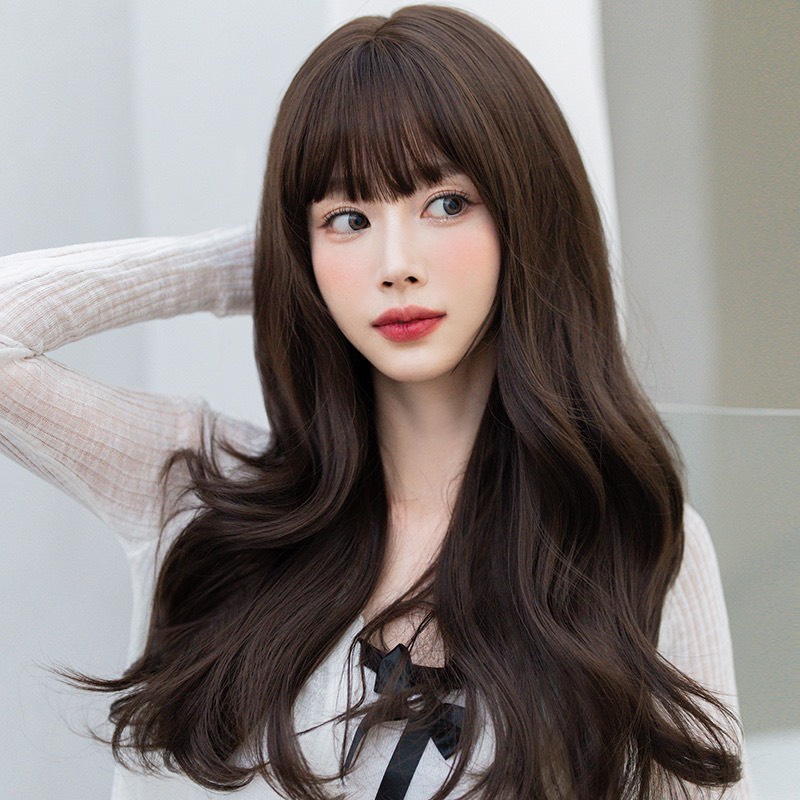 Tóc giả nguyên đầu xoăn sóng dài chất liệu sợi tơ cao cấp