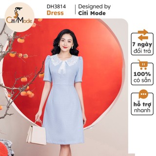 Đầm công sở CITI MODE FASHION thiết kế dáng A xanh dạ tweed phối cổ ren bèo DH3814