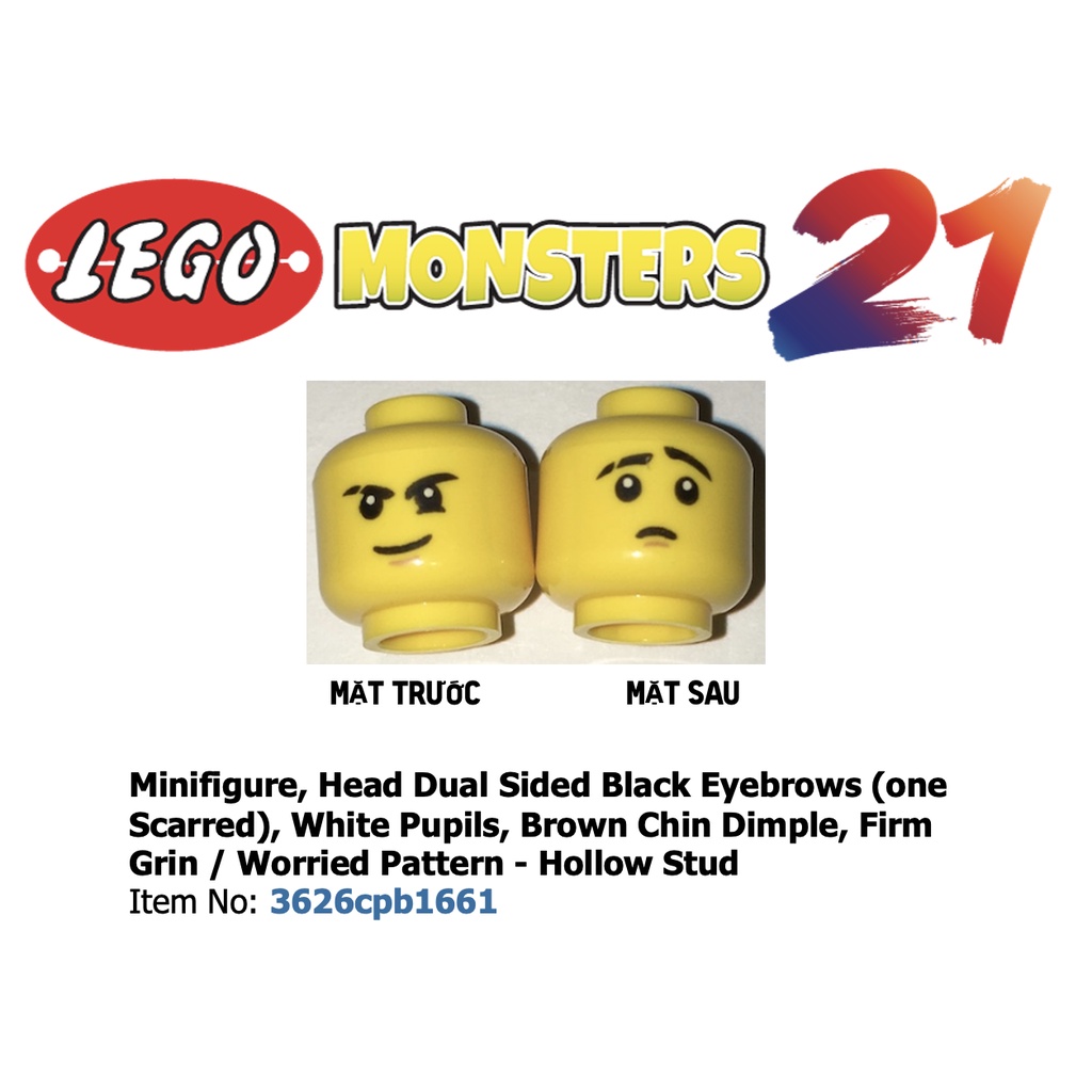 -Lego chính hãng, Nhân vật nhỏ, phụ kiện nhân vật nhỏ, Đầu Lông mày đen hai mặt (một sẹo)- ID 3626cpb1661