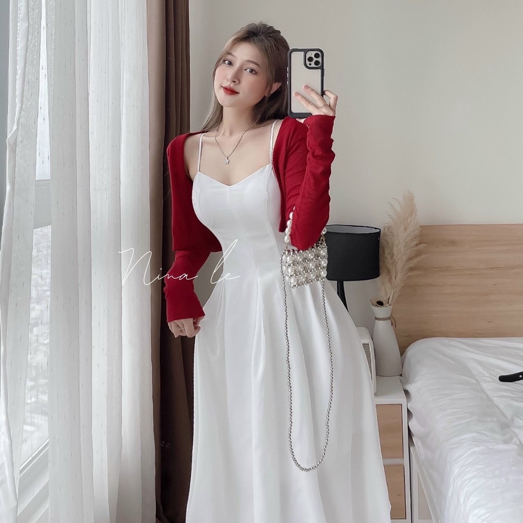 Váy đầm nữ 2 dây phối lụa nhung họa tiết màu trắng tinh khôi sang chảnh quý phái, kèm áo khoắc tăm gân tay dài cực xinh