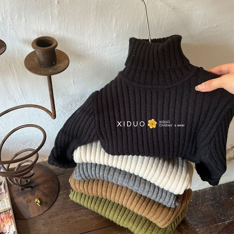 Áo Sweater Cổ Cao Co Giãn Màu Trơn Mùa Thu Đông Hàn Quốc Cho Bé Trai Và Bé Gái