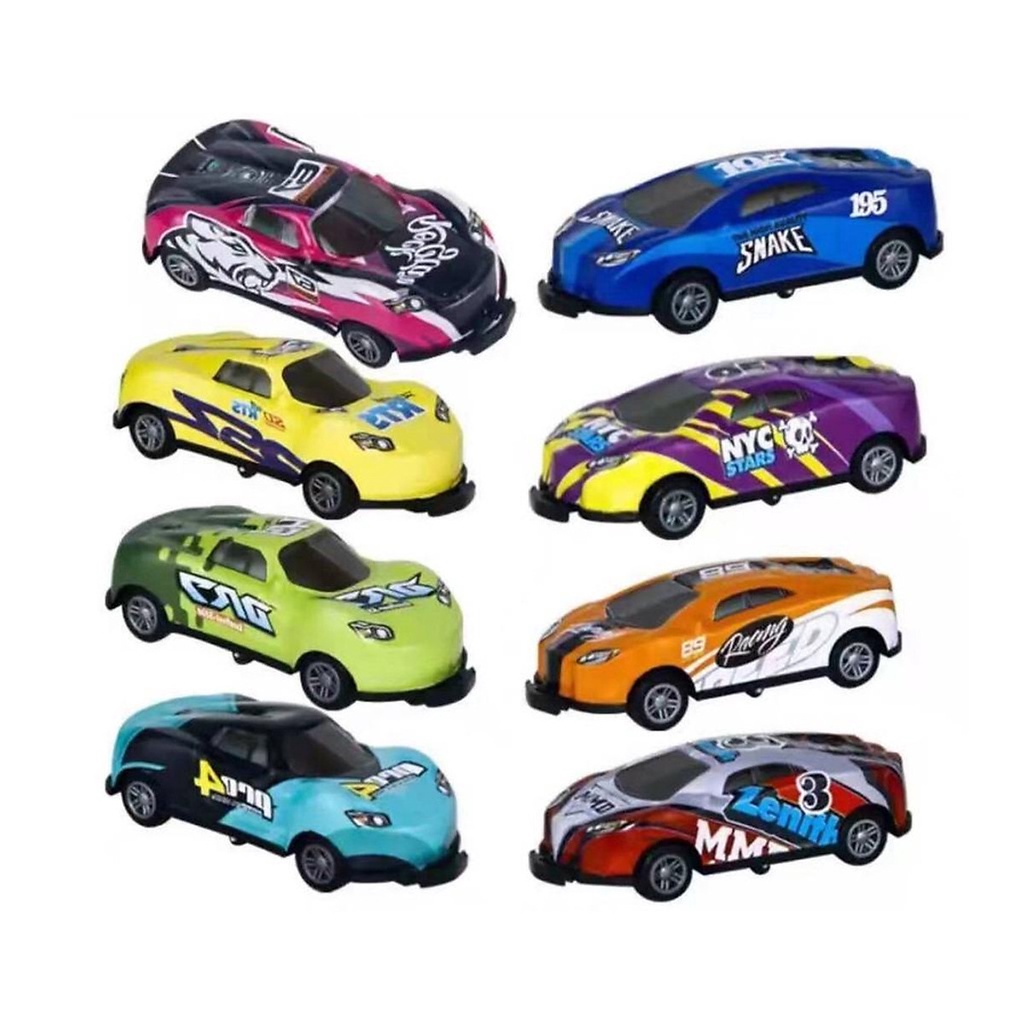 Hộp 8 xe oto đồ chơi bật nhảy xoay 360 độ, xe ô tô chạy đà cho bé trai