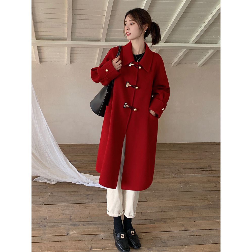 Áo Khoác Len Cao Cấp Dáng Rộng Cài Khuy Cổ Búp Bê Phong Cách Hàn Quốc Thời Trang Thu Đông Mới Cho Nữ