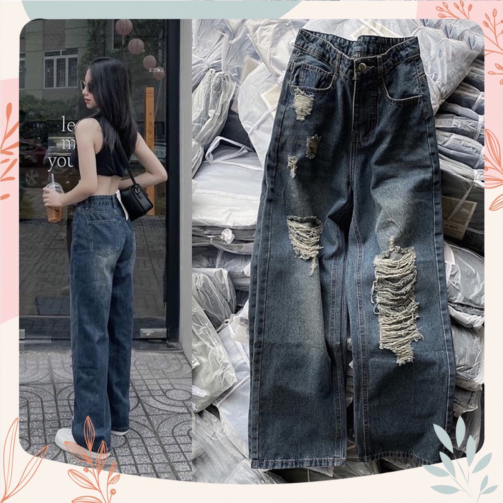 [Bigsize 55-85kg] Quần Suông Dài Ống Rộng Xanh Đậm Rách 3103, Lưng Cao, Không Giãn, Dài 105cm
