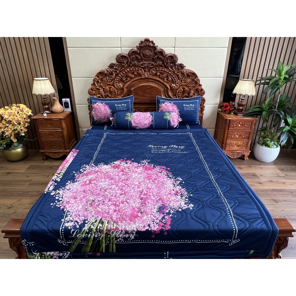 Bộ ga gối thun mát lạnh 5D cao cấp mẫu hoa tú cầu có 2 màu