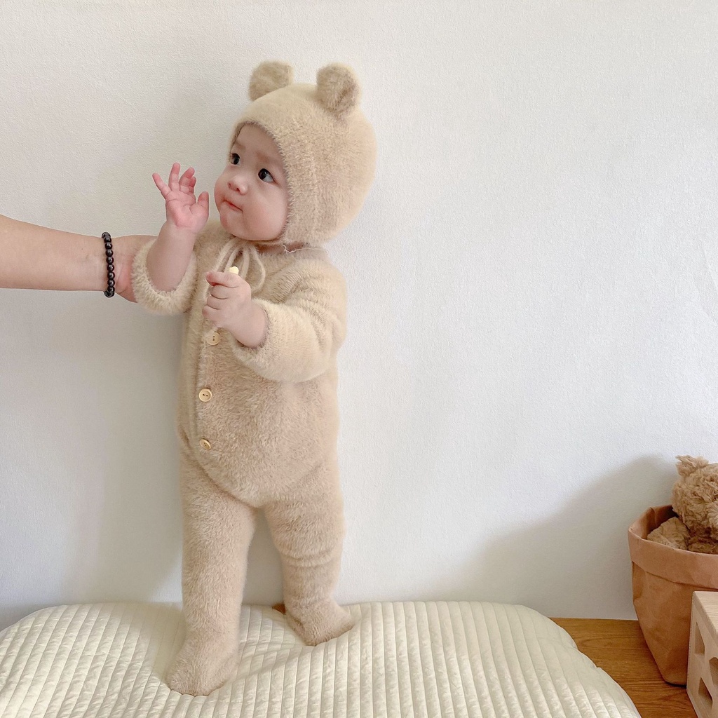 Bộ Áo Liền Quần Có Mũ Trùm Phối Lông Ấm Áp Dễ Thương Cho Bé