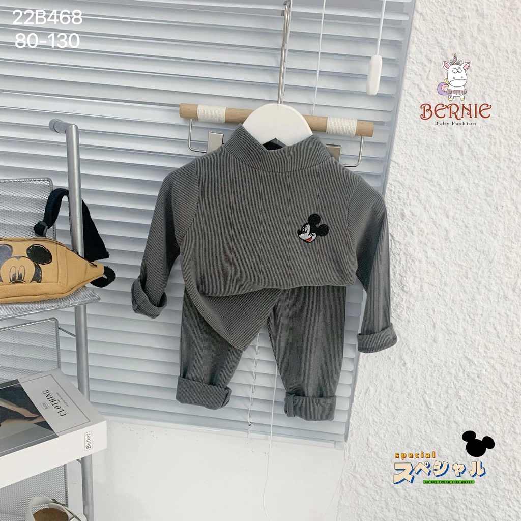 Bộ nhung tăm cổ 3P Mickey thêu nổi Bernie cho bé trai, bé gái