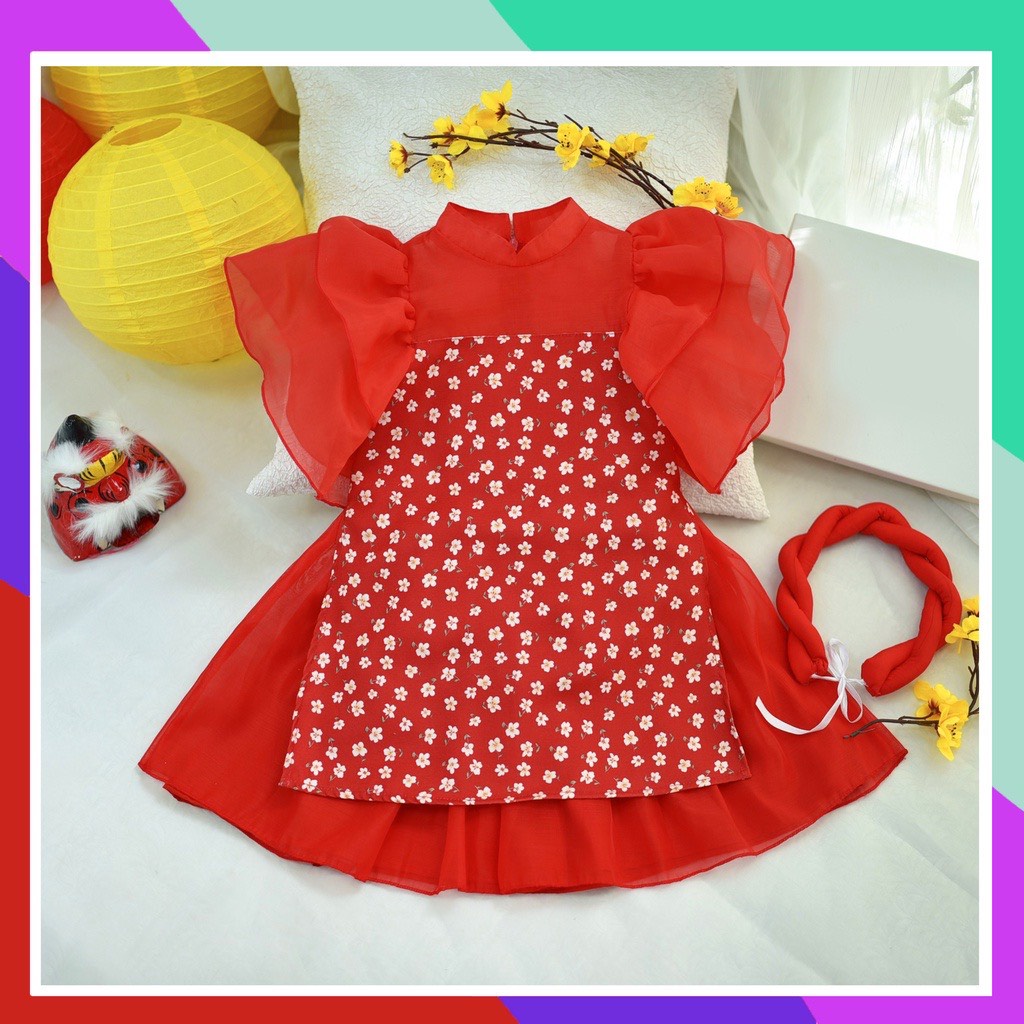 Áo dài cách tân bé gái hoa nhí tay bồng sét áo dài cho bé gái từ 2 đến 9 tuổi Monkey kids