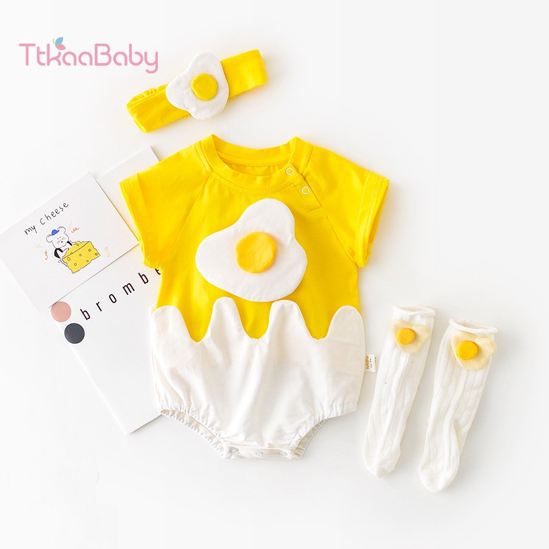 Bộ Áo Liền Quần Bằng cotton Chất Lượng Cao In Họa Tiết Trứng Dễ Thương Thời Trang Mùa Hè Cho Bé Gái