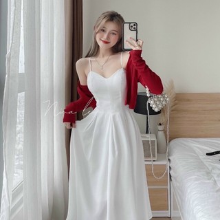 Bộ đầm 2 dây xếp ly kèm áo khoác tăm gân siêu xinh ( có mút )-105253