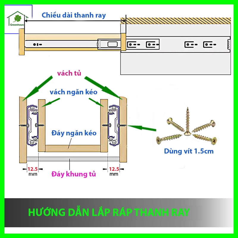 Bộ 2 thanh ray trượt 3 tầng cho ngăn kéo  cho tủ quần áo, tủ bếp, kệ bàn phím vi tính Greenhouse-ngoinhaxanh
