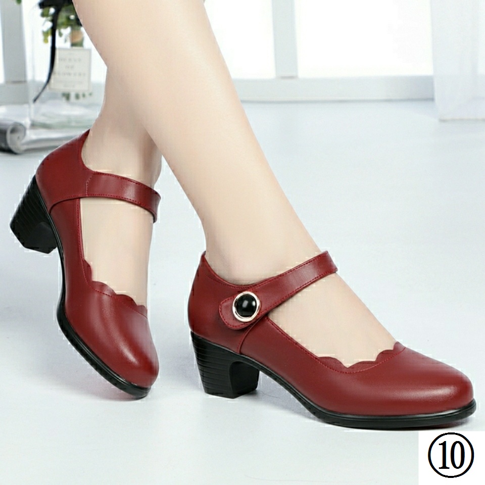 Giày Cao Gót Da Mềm Mũi Tròn Thoải Mái Bốn Mùa Dành Cho Phụ Nữ Trung Niên