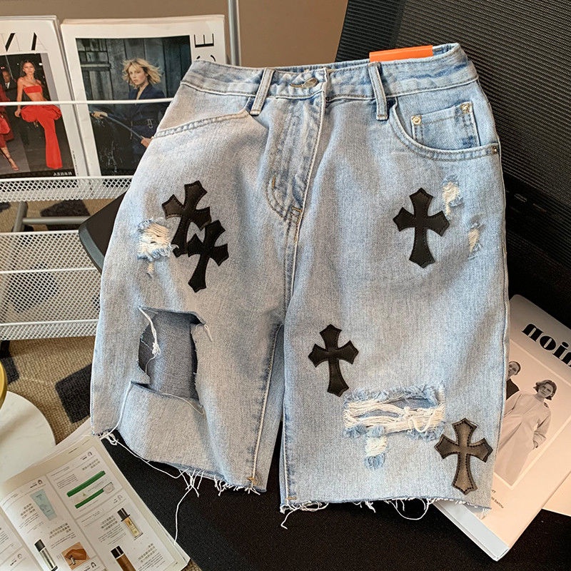 Jiashucheng Quần Short Denim Lưng Cao Thời Trang Mùa Hè Hàn Quốc Dành Cho Nam Và Nữ