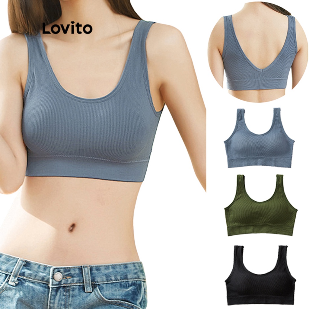 Áo lót Lovito miếng đệm có thể tháo rời không gọng thép không lộ đường may hở lưng màu trơn thường ngày L23LD072 (màu đen/ xanh dương/ xanh lá)