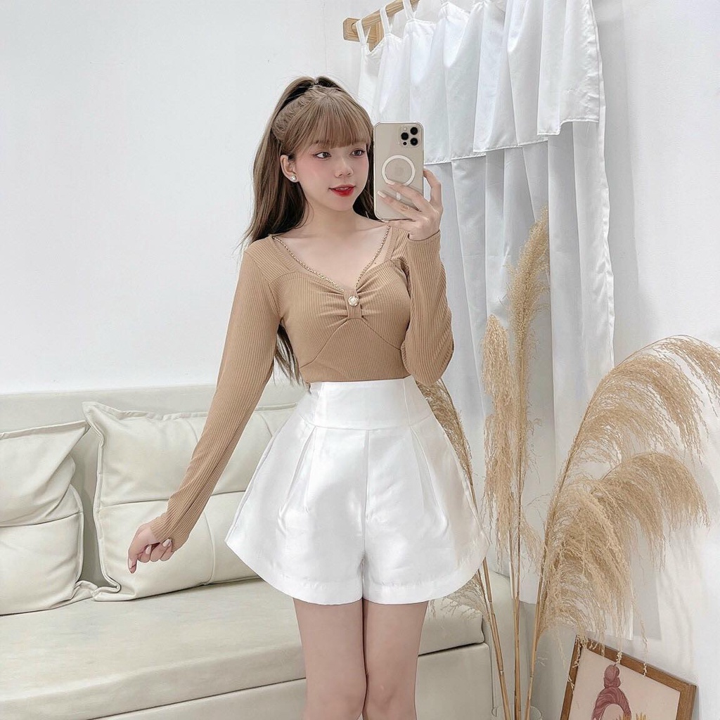 Áo Kiểu Nhún Ngực Dây Xích Tay Dài