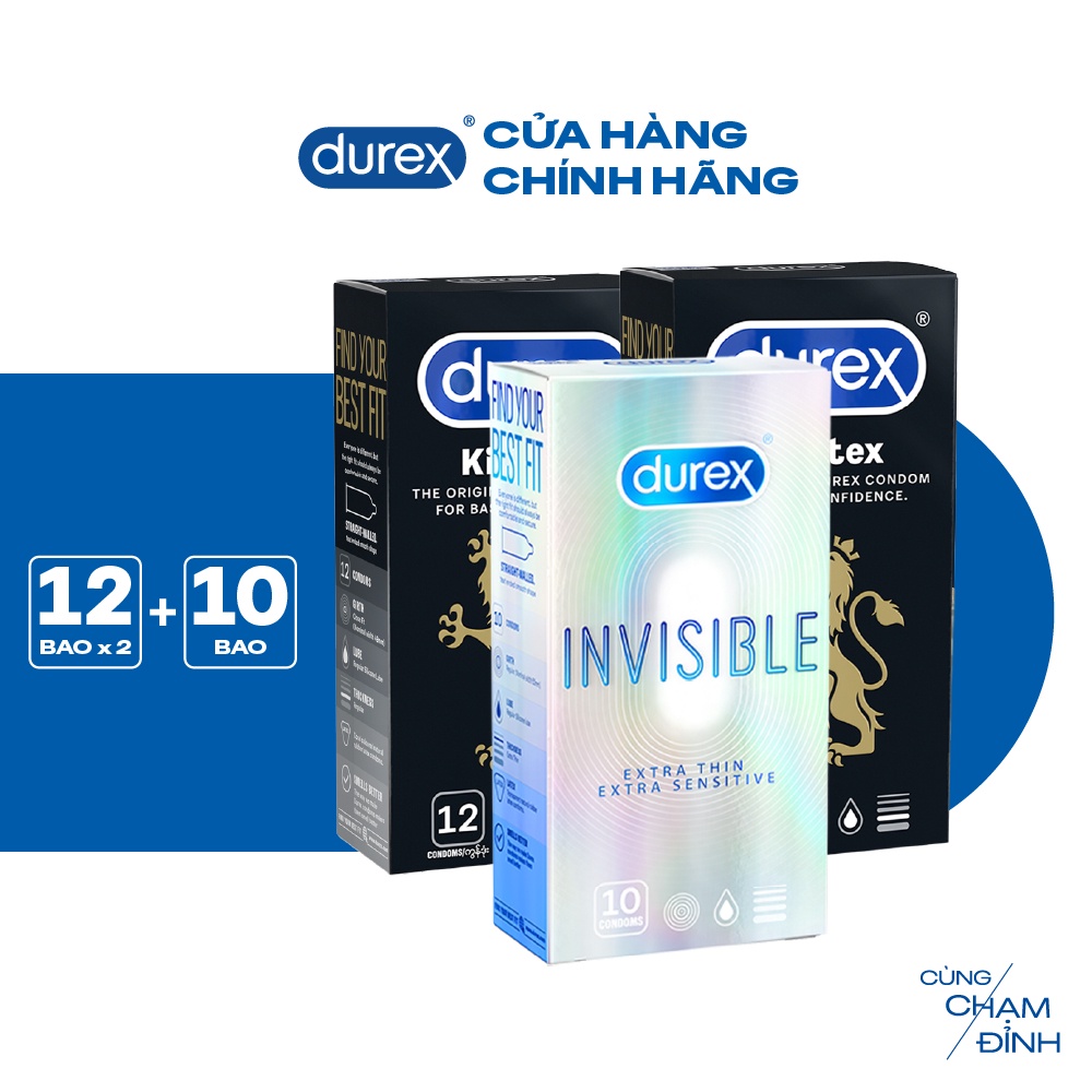 Bộ 2 hộp bao cao su Durex Kingtex ôm sát size 49mm và 1 hộp bao cao su Durex Invisible siêu mỏng size 52mm (10 bao/hộp)