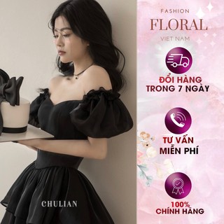 Đầm đen cúp ngực trễ vai FLORAL DESIGN nữ đen chất liệu organza kiểu váy công chúa tiểu thư hack dáng