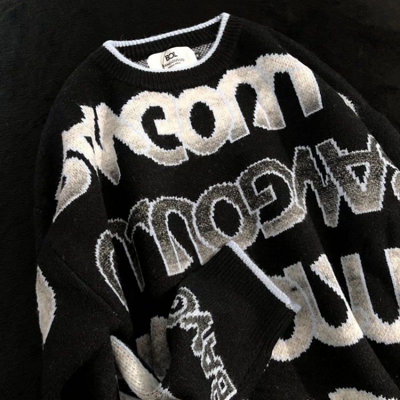 Zhuangji Áo Sweater Dệt Kim Dáng Rộng In Chữ Màu Gradient Phong Cách Đường Phố Mỹ Cho Cặp Đôi