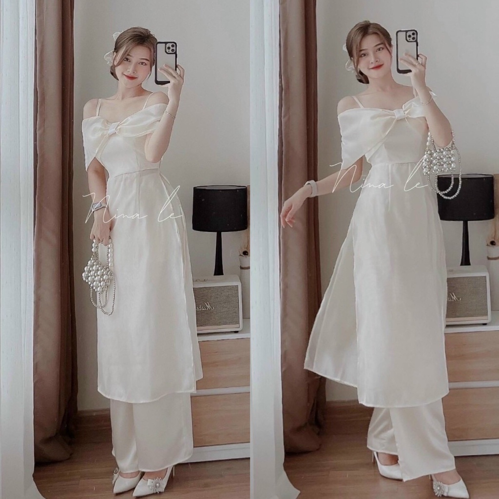 Sét Đồ Bộ Nữ Chất Vải Voan Cao Cấp Áo Dài Cách Tân 2 Dây Bẹt Vai Kèm Quần Dài Ống Rộng Thiết Kế Sang Chảnh