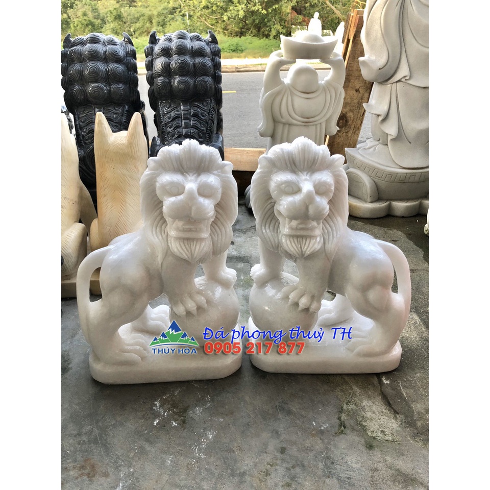 Cặp tượng sư tử phong thủy gác cổng, để mộ đá trắng - Cao 40 cm