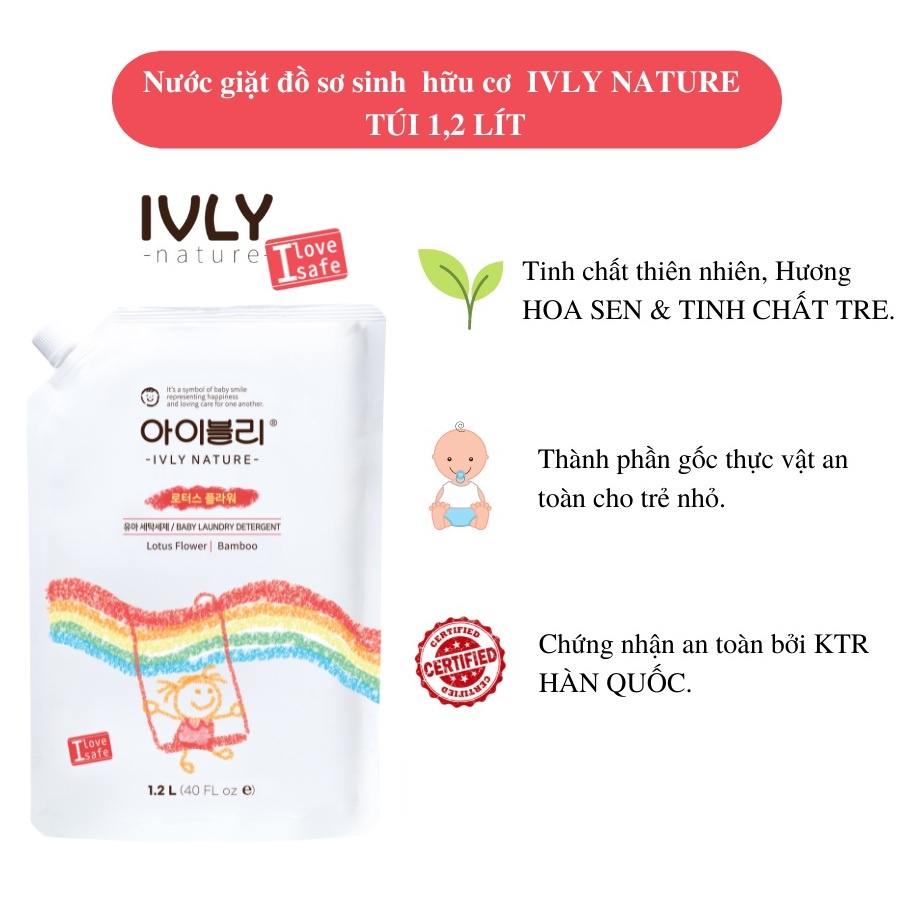 Nước giặt trẻ em hữu cơ IVLY NATURE hương hoa sen và tinh chất tre nhập khẩu Hàn Quốc- túi 1,2 lít