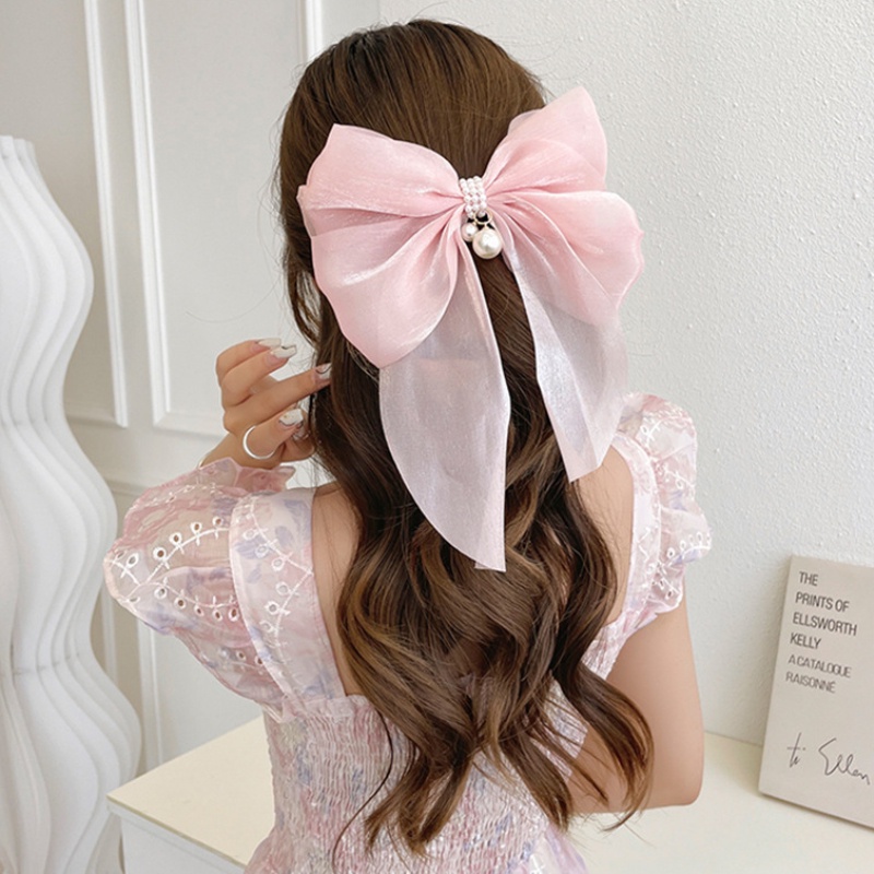 Kẹp Tóc Nơ Đính Ngọc Trai Ba Chiều Cỡ Lớn Bằng Satin Cao Cấp Phong Cách Vintage Pháp