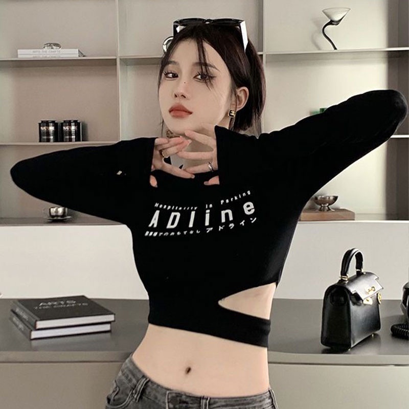 Áo Thun Tay Dài Dáng Ôm In Chữ Cái Thời Trang Cho Nữ