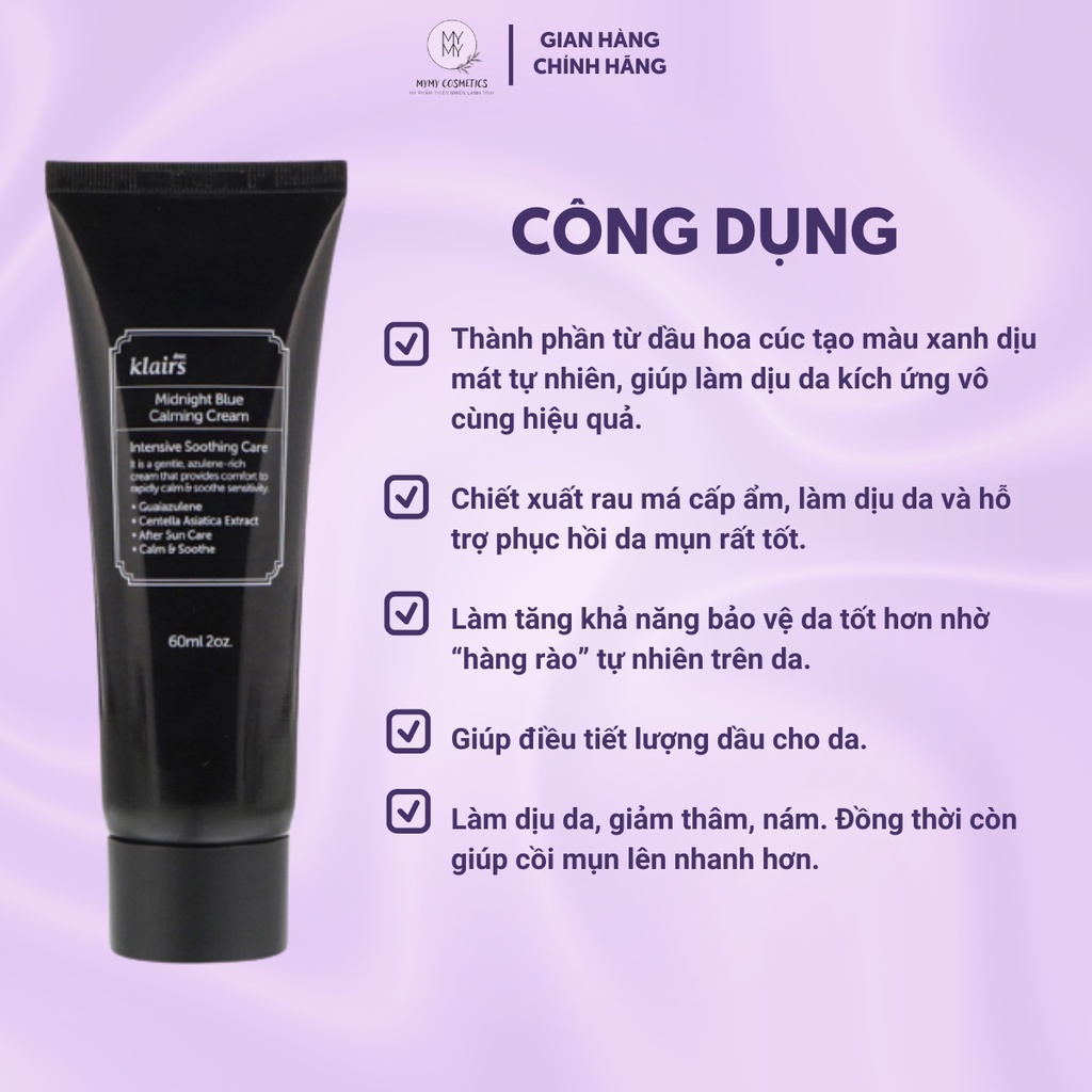 Kem Dưỡng Ẩm Dear Klairs Midnight Blue Calming Cream Làm Dịu Da Ban Đêm Giúp Da Mịn Màng 30ml/60ml