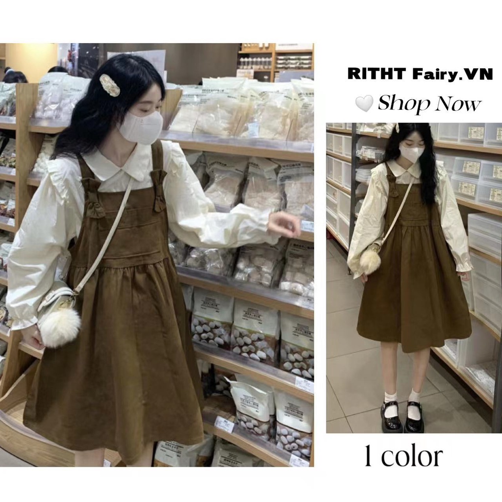 váy yếm đầm babydoll Set Áo Sơ Mi Cổ Búp Bê + Đầm Yếm Dáng Rộng Thời Trang Mùa Thu Cho Nữ