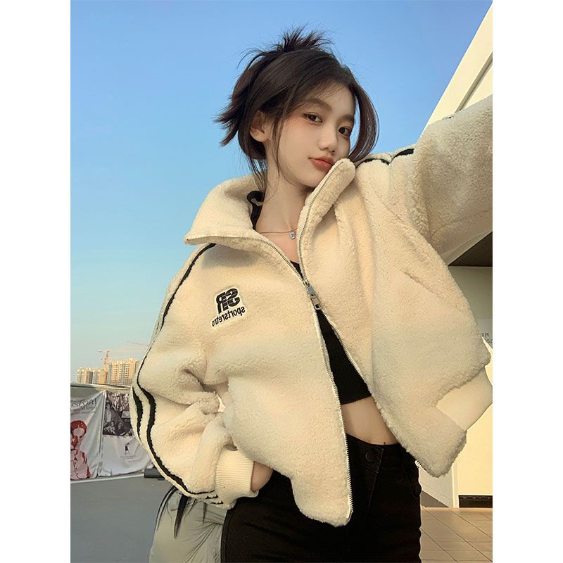 Áo khoác COZOKC tay dài cổ đứng phối khóa kéo in chữ phối màu tương phản thời trang