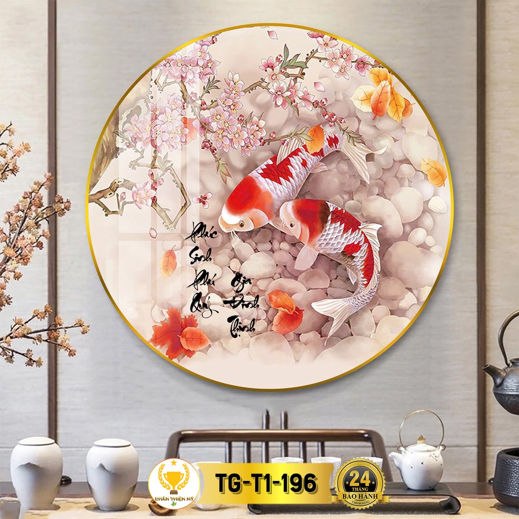 Tranh Tráng Gương Pha Lê Tròn CHÂN THIỆN MỸ, Decor Treo Tường Trang Trí Phòng Cá Chép Chữ Thư Pháp TG-T1-196
