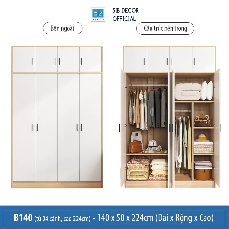 Tủ Quần Áo Phòng Ngủ Đơn Giản SIB Decor Màu Trắng Phối Vân Gỗ Sồi