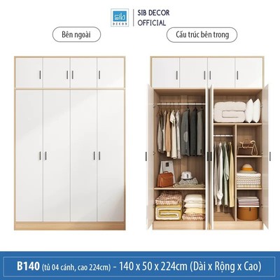 [Chỉ giao lắp tại TP.HCM] Tủ Quần Áo Phòng Ngủ Đơn Giản Màu Trắng Phối Vân Gỗ Sồi SIB Decor TA16