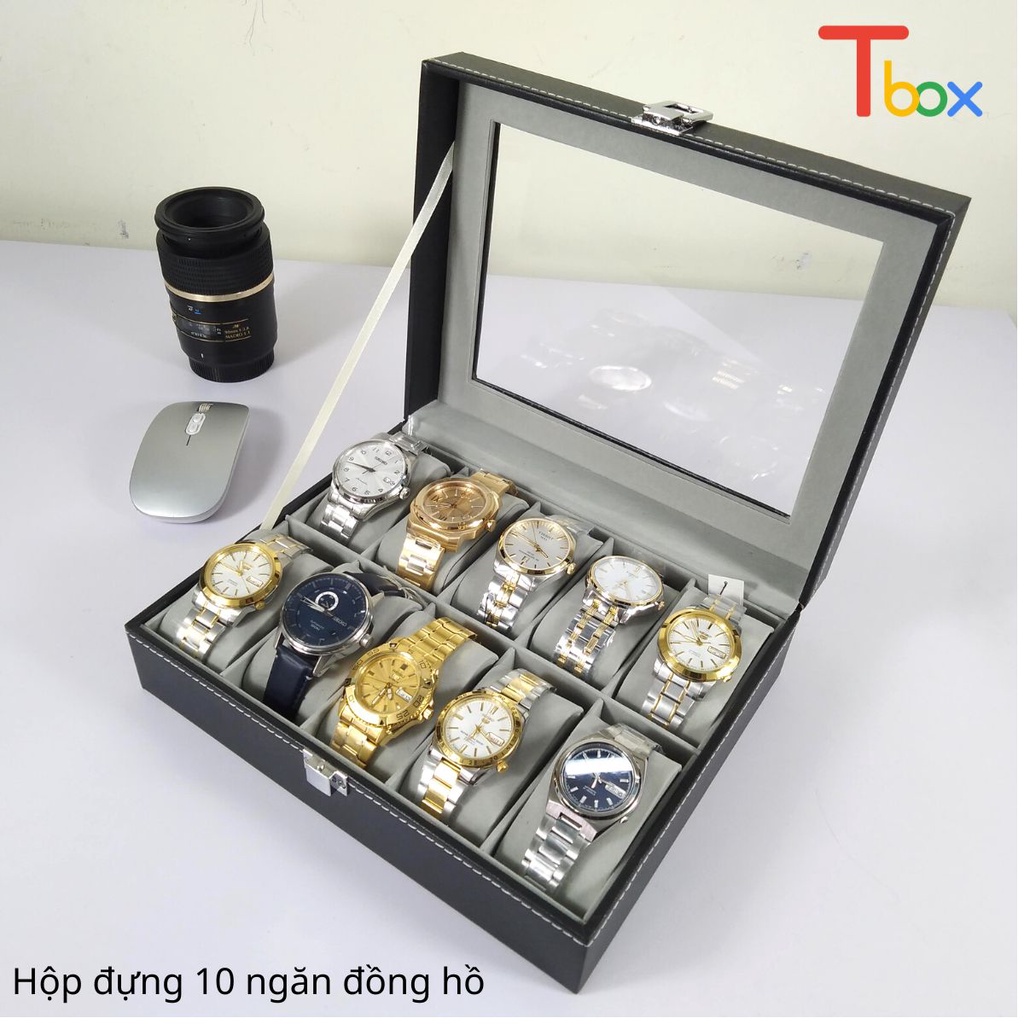 Hộp đựng đồng hồ, hộp trưng bày 10 chiếc đồng hồ bọc da màu đen cao cấp