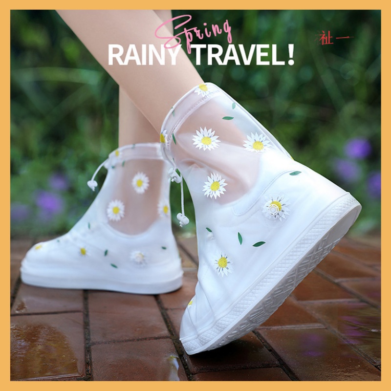 Vỏ Bọc Giày Đi Mưa Bằng Silicon PVC Trong Suốt Chống Trượt Chống Thấm Nước Hình Hoa Cúc Nhỏ
