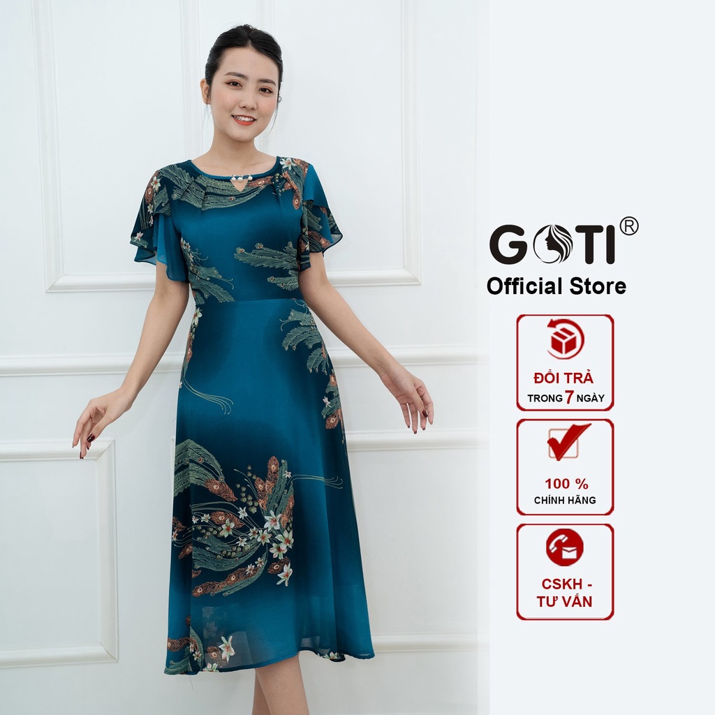 GOTI - Đầm Xòe Dáng Dài Quý Bà Kiều Đầm Xòe Trung Niên Size Lớn In Hoa Có Size Cho Người Mập 3339 3362