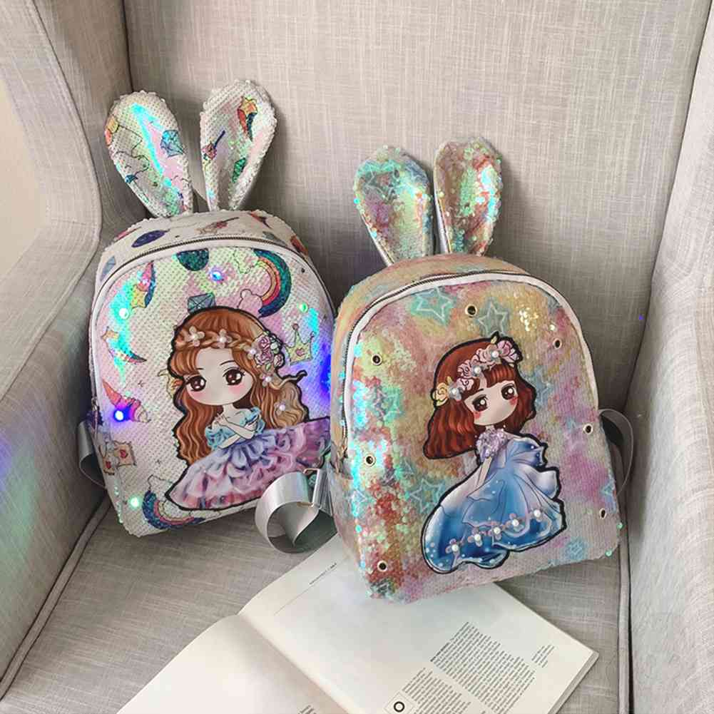 Balo Đi Học Đính Kim Sa Có Đèn LED Nhiều Màu Sắc Họa Tiết Hoạt Hình Đáng Yêu Cho Nữ