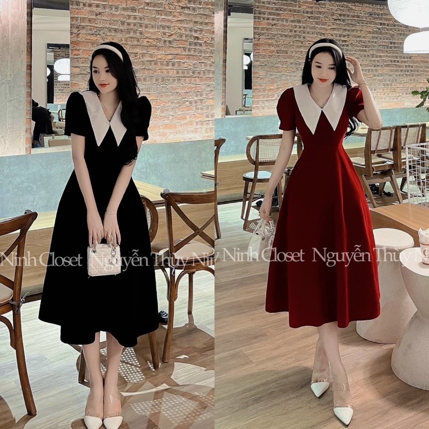 Váy đầm nữ dáng dài xinh xắn tay ngắn cổ bèo lá lớn chất nhung sang trọng phù hợp đi chơi và dự tiệc DX