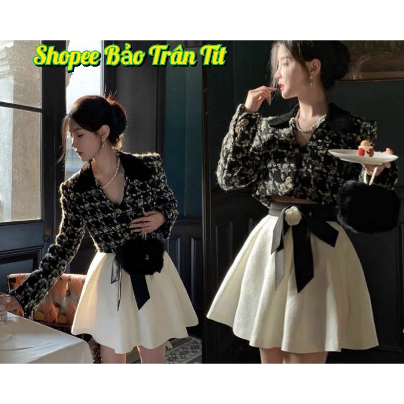 Set croptop dạ cổ vest chân váy trắng