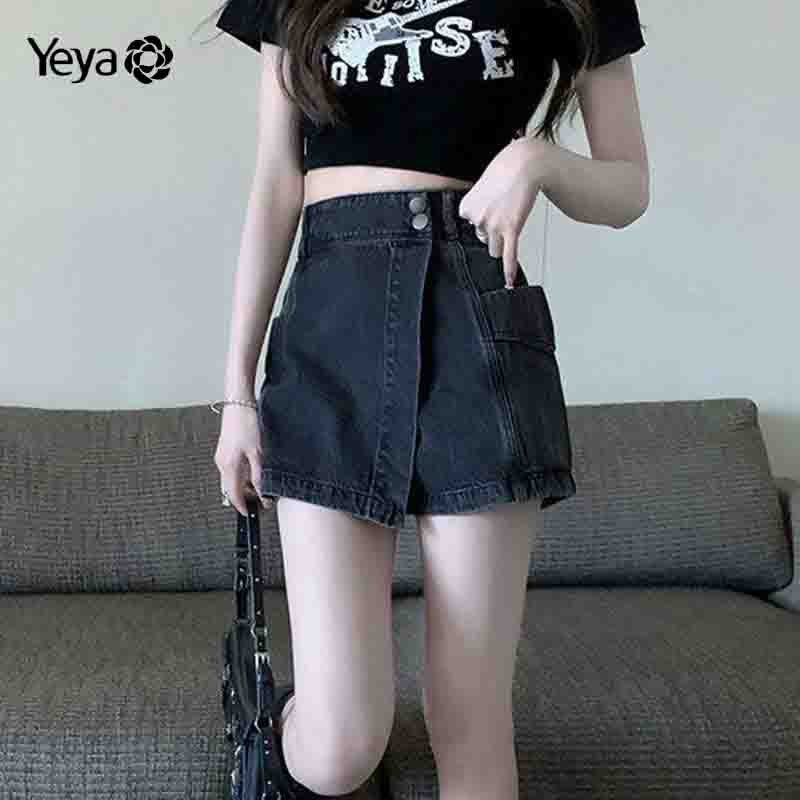 Chân váy jean YEYA lưng cao dáng rộng phong cách Mỹ cổ điển dành cho nữ