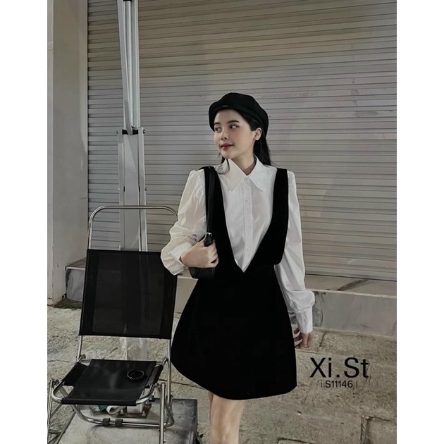 Set đầm nhung channel kèm sơ mi tay bồng