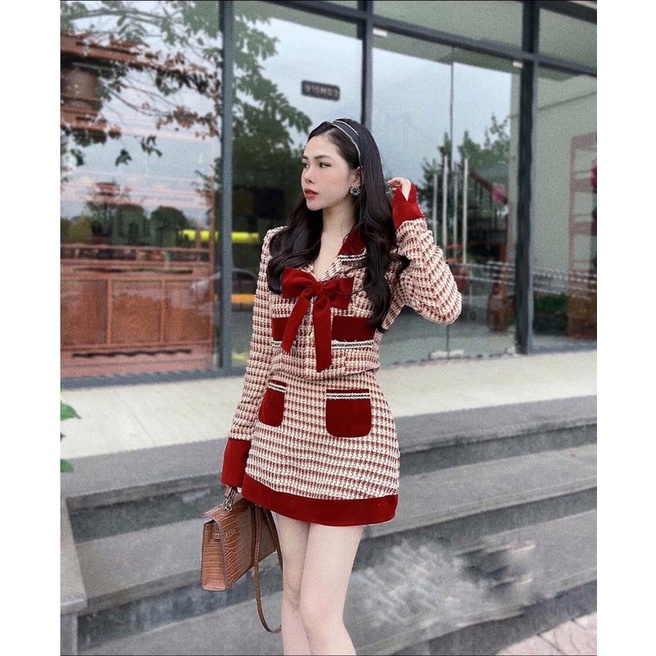 Sét dạ đỏ nhũ nơ ngực pha nhung Noen, Tết