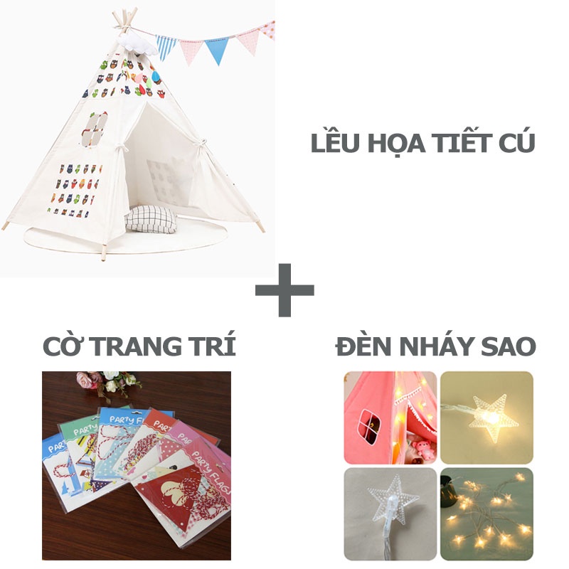 Lều vải cho bé, Lều ngủ thổ dân bằng vải cotton cao cấp khung gỗ thông tự nhiên an toàn cho bé chơi