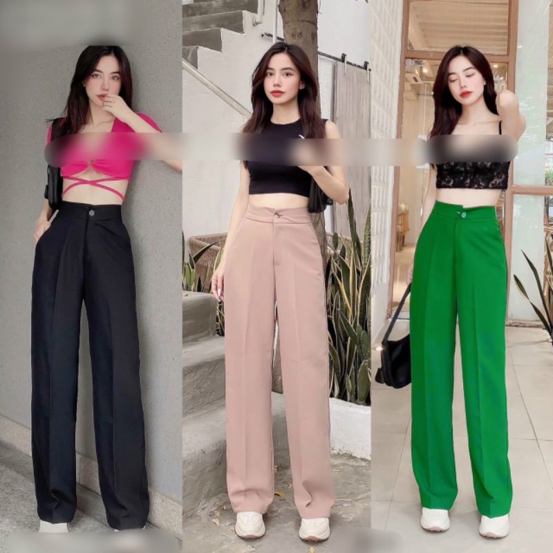 Quần Tây Dáng Suông Chất Vải Tuyết Mưa Dày Dặn Có Độ Co Giãn Màu Đen, Be, Xanh Lá Full Size