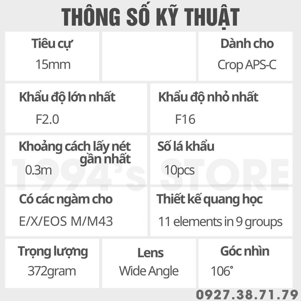 Ống kính Kamlan 15mm F2.0 siêu rộng khẩu độ lớn cho APS-C Fujfilm, Sony, Canon EOS M và M4/3