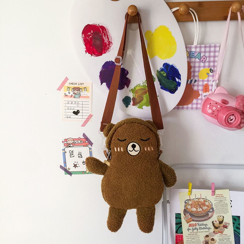 Túi Đeo Chéo Vải Canvas Họa Tiết Gấu Dễ Thương Phong Cách Harajuku Nhật Bản