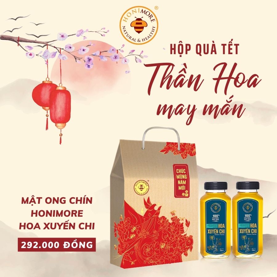 Hộp quà Tết Thần Hoa Honimore gồm Mật ong chín Hoa Xuyến Chi chai 500g tặng 1 chai 500g cùng loại