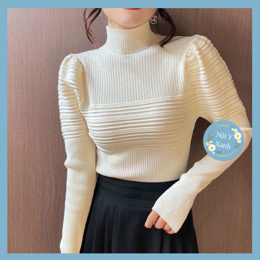 áo len nữ Nội Y Xanh cổ 3 phân tay bồng tay dài viền nổi hàng QCCC A63 hot trend thu đông ấm áp