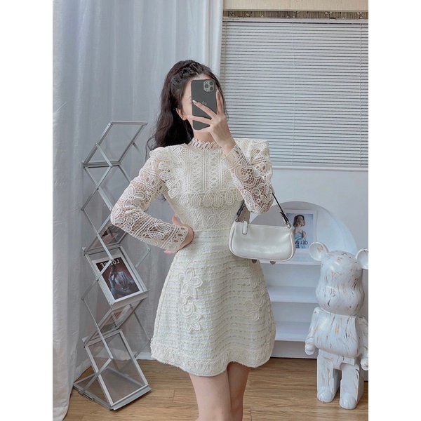 Váy ren phối chân dạ dài tay thiết kế cao cấp